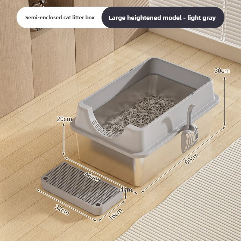 A large heightened semi-enclosed cat litter box in light gray with a grated floor and flip-top lid shown on a wooden floor.