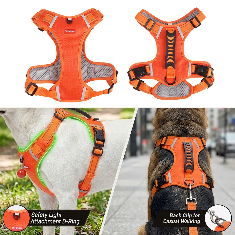Orange reflective dog harness for casual walking featuring a safety light attachment D-ring