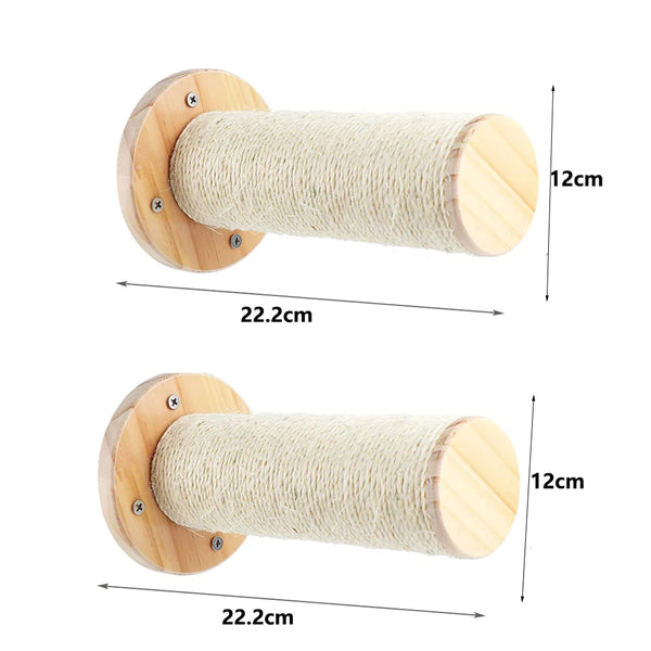 Wall-mounted cat climbing frame with a cylindrical hammock made of natural fiber rope and wooden mounting plate