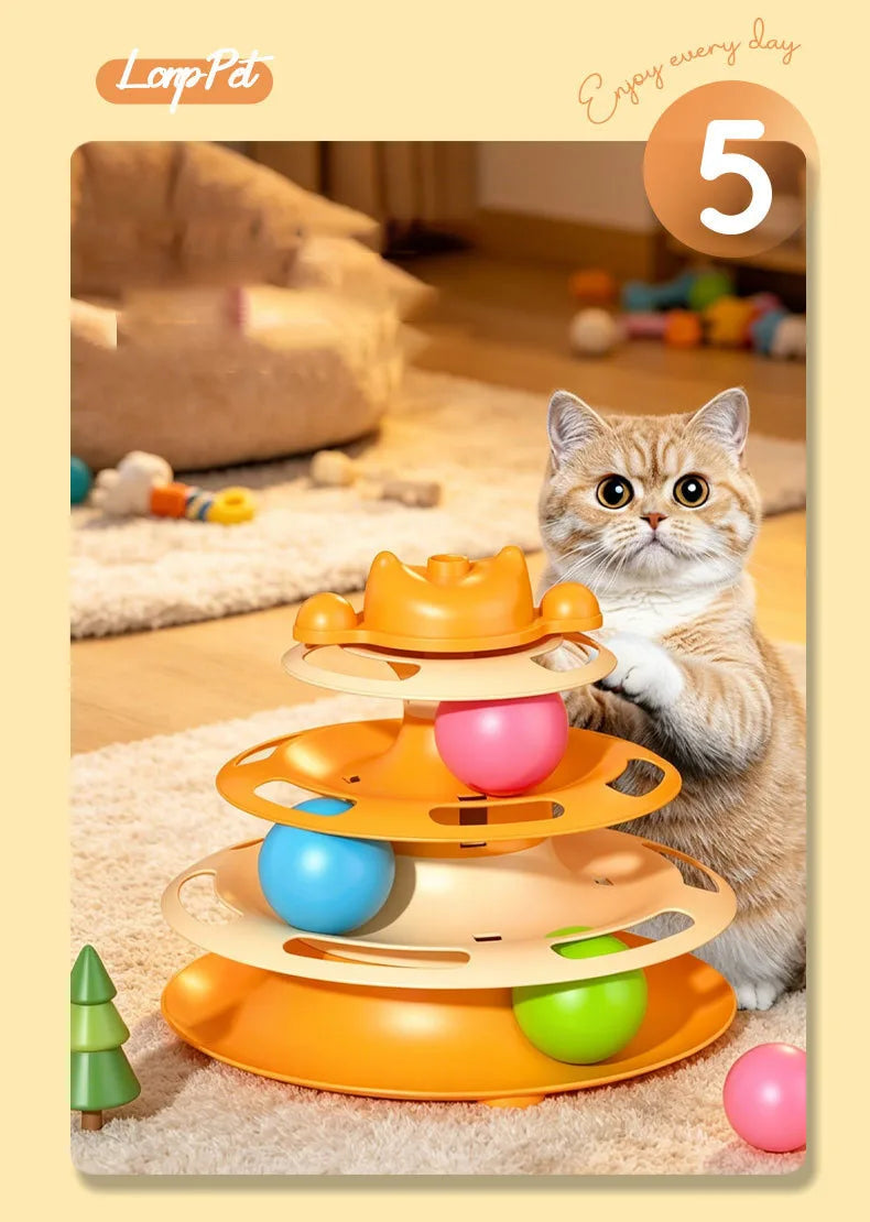 Interactive Cat Turntable Toy with Feather Wand and Rolling Ball