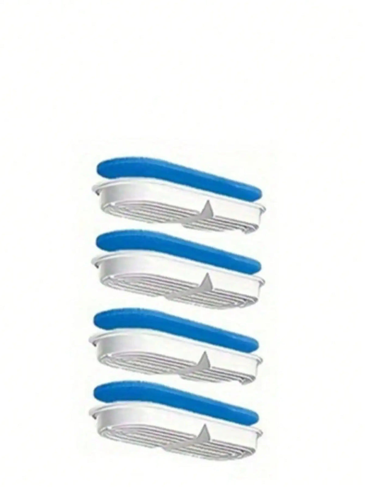 Four silver and blue pet water fountains with silicone nozzles arranged vertically.