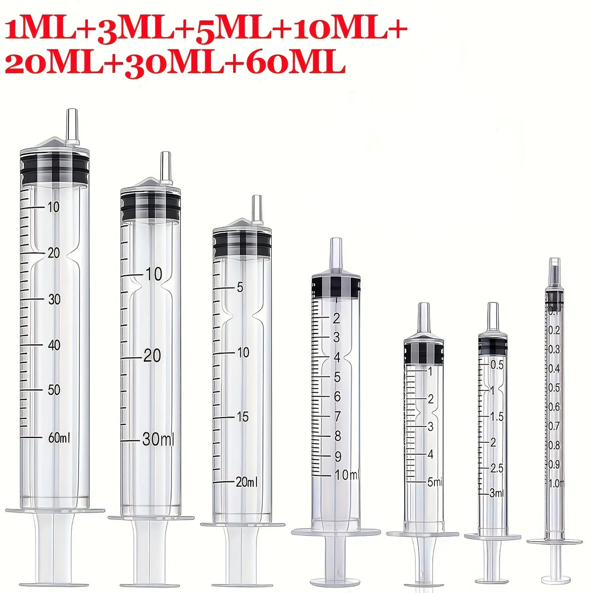 A set of seven precision liquid dispensing syringes with various volumes including 1ML, 3ML, 5ML, 10ML, 20ML, 30ML, and 60ML.