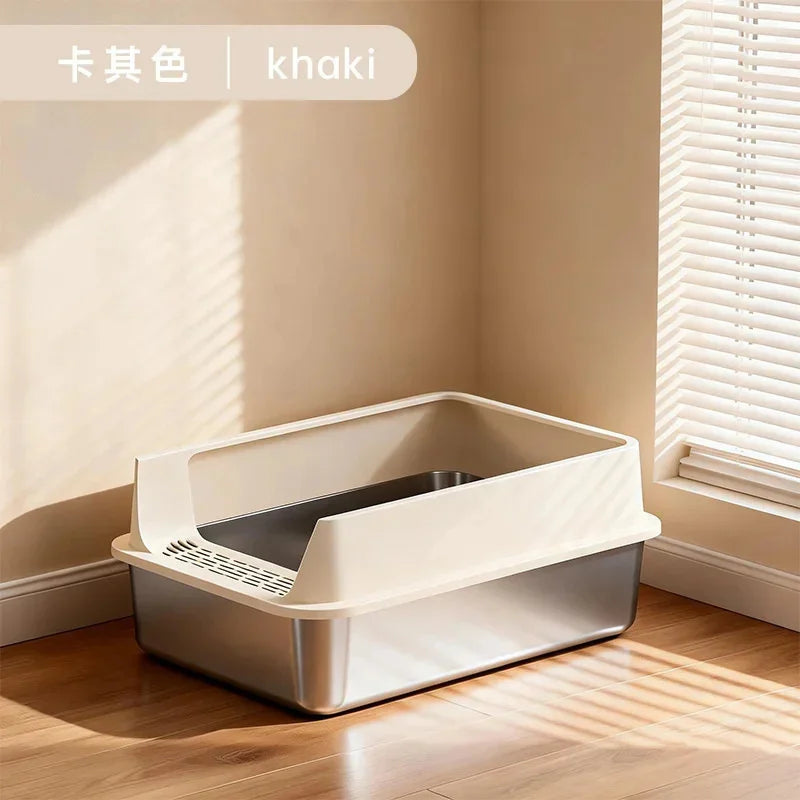 Extra-Large Stainless Steel Cat Litter Box with Splash-Proof Rim