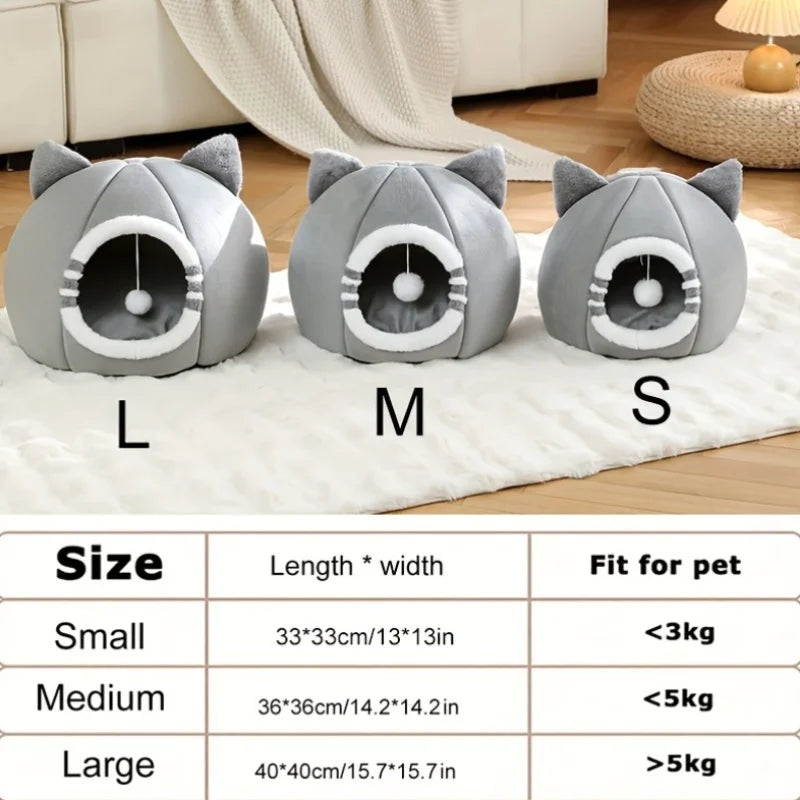 Gray plush tent house pet bed in small, medium, and large sizes with corresponding weight limits