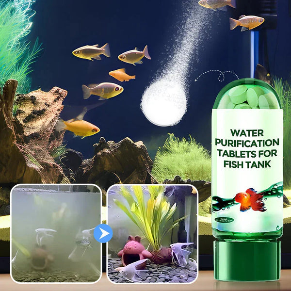 A bottle of water purification tablets for a fish tank with various aquatic plants and fish visible.