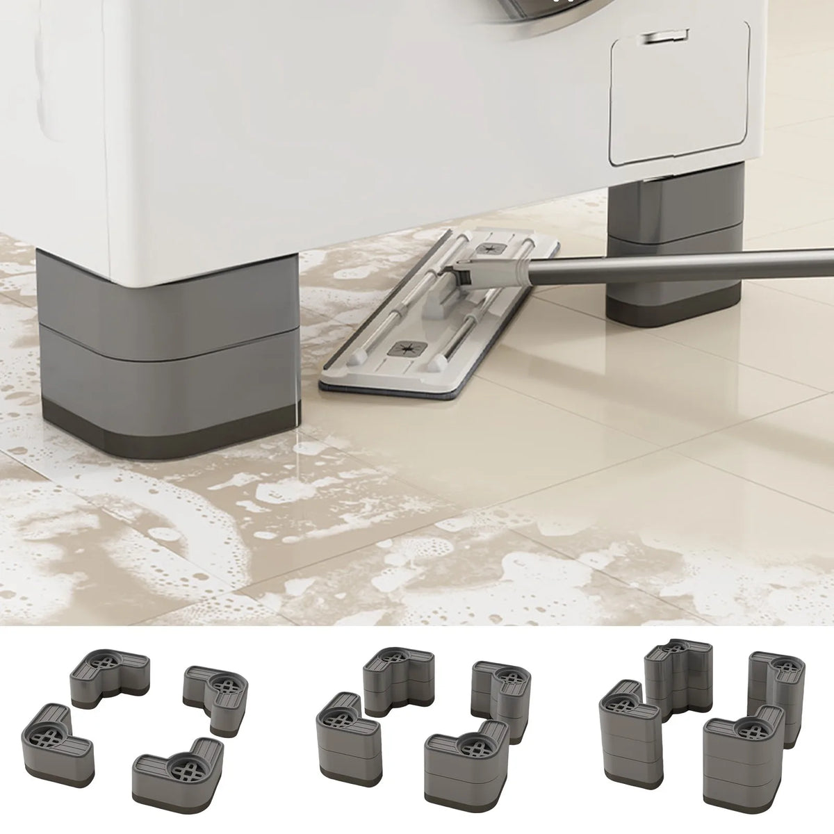 A set of four anti-slip vibration pads for a washing machine, shown in various angles and colors.