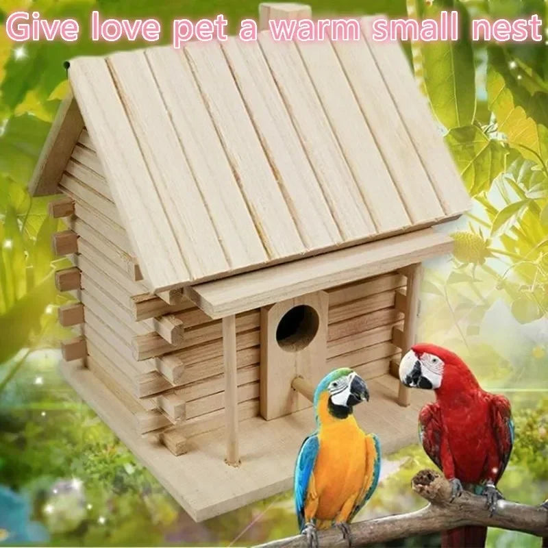 A natural paulownia wood bird nesting box with a slanted roof, featuring colorful parrots perched on a branch.