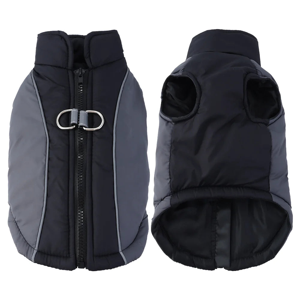 Gilet pour chien noir et gris, imperméable et réfléchissant, vu de face et de dos.