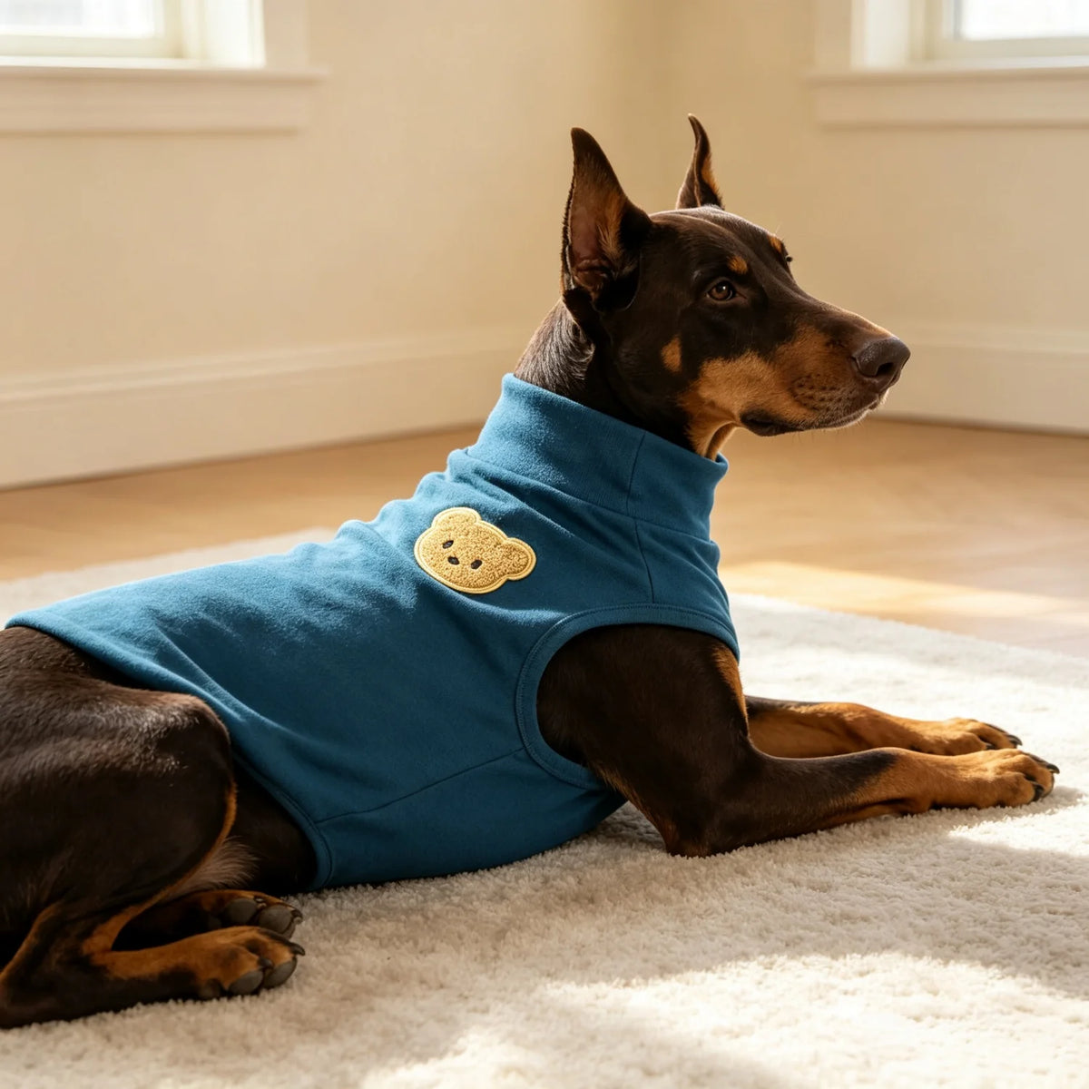 A dark dog wearing a blue turtleneck vest with a tan bear patch, lying on a light rug.