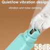 A close-up of a light blue electric pet nail grinder with a white paw, demonstrating quiet vibration and noise damping featur