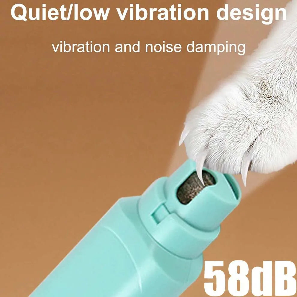 A close-up of a light blue electric pet nail grinder with a white paw, demonstrating quiet vibration and noise damping featur