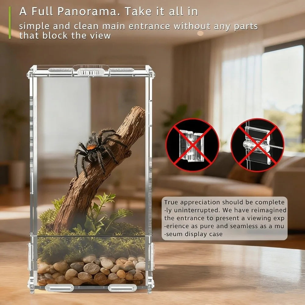 A clear acrylic terrarium display case showing a natural scene with plants and wood, designed for a full panorama view.