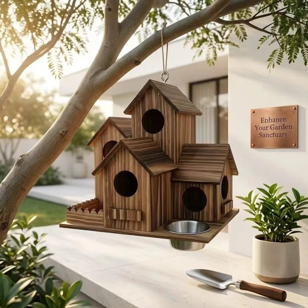 Handcrafted wooden bird house feeder with multiple entrances mounted on a wooden plank in an outdoor setting.