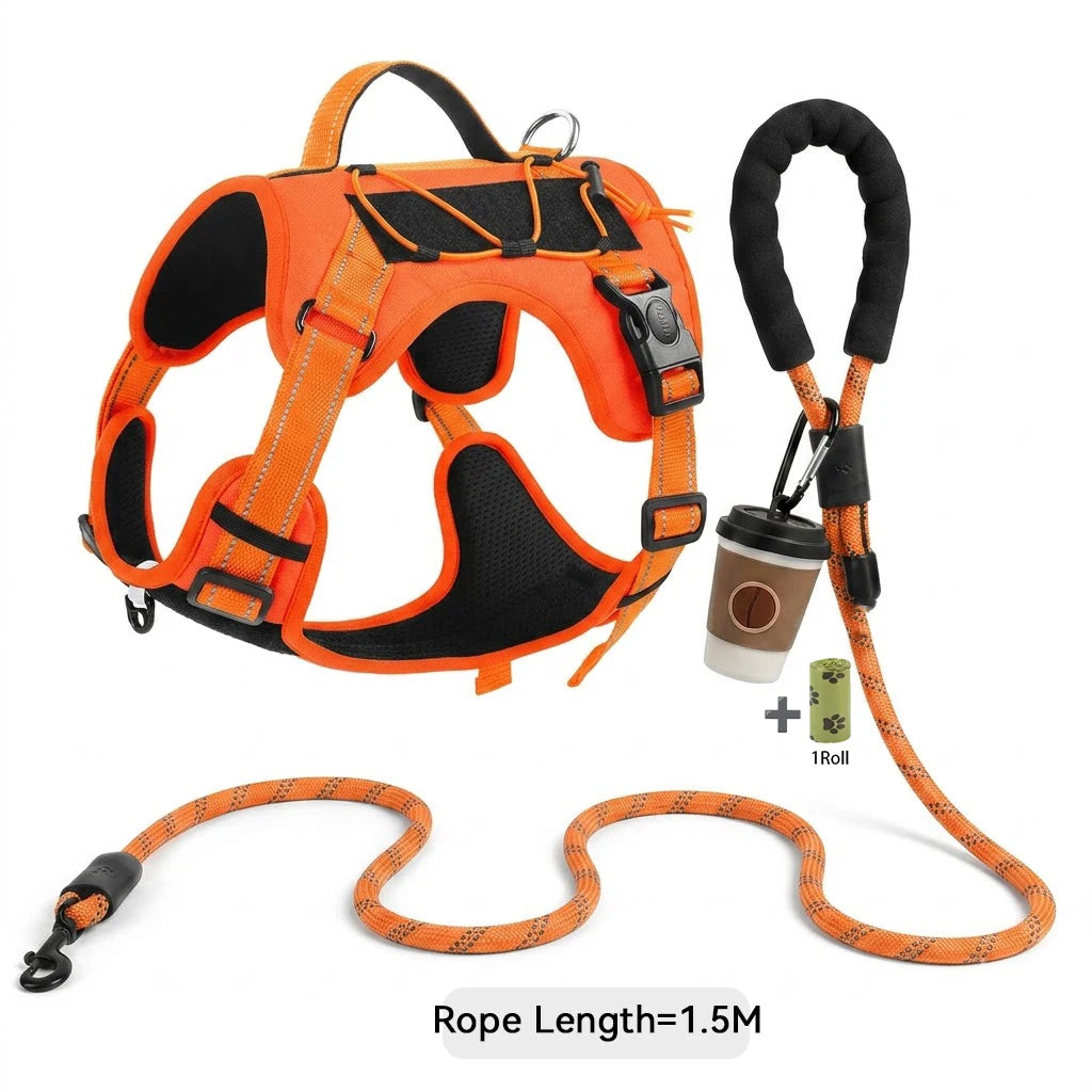 Orange tactical dog harness with black padded components and a 1.5m rope for training