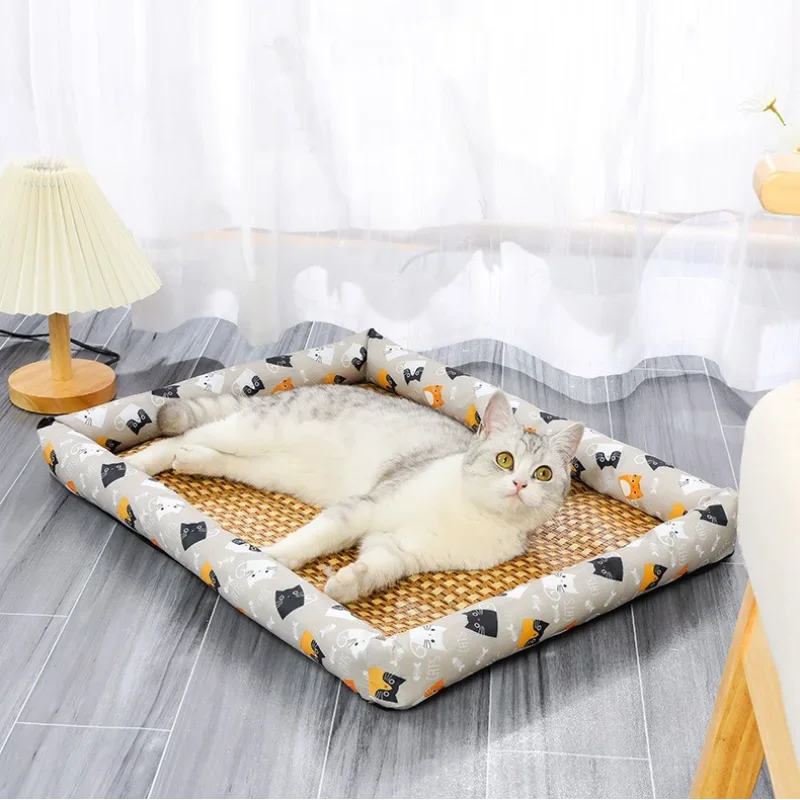 A white cat is relaxing in a beige rattan pet bed with a breathable cotton mat on a gray floor.
