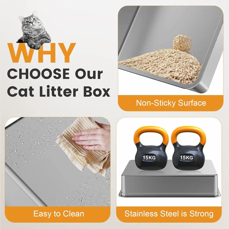 صندوق فضلات من الفولاذ المقاوم للصدأ مقاس XXXL بارتفاع عالٍ للقطط الكبيرة