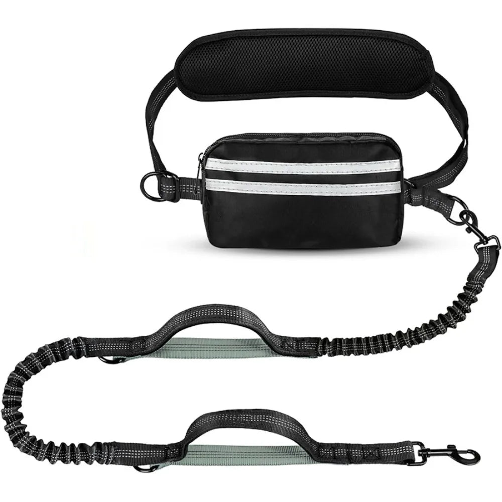 Correa de perro negra retráctil con bolsa de cremallera y agarre gris.