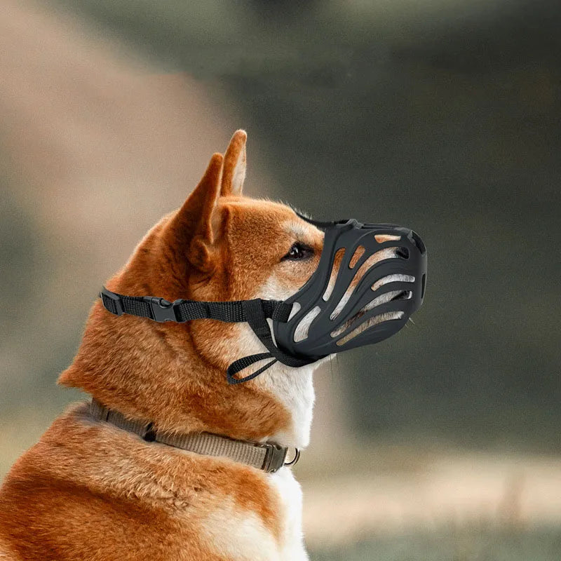 An orange dog wearing a black adjustable breathable muzzle, viewed from the side.