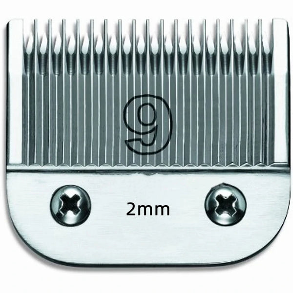 Close-up view of a replacement dog grooming clipper blade with a 2mm size marking.