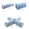 A foldable cat tunnel made of blue fabric with a red peep hole, shown in various lengths and configurations.