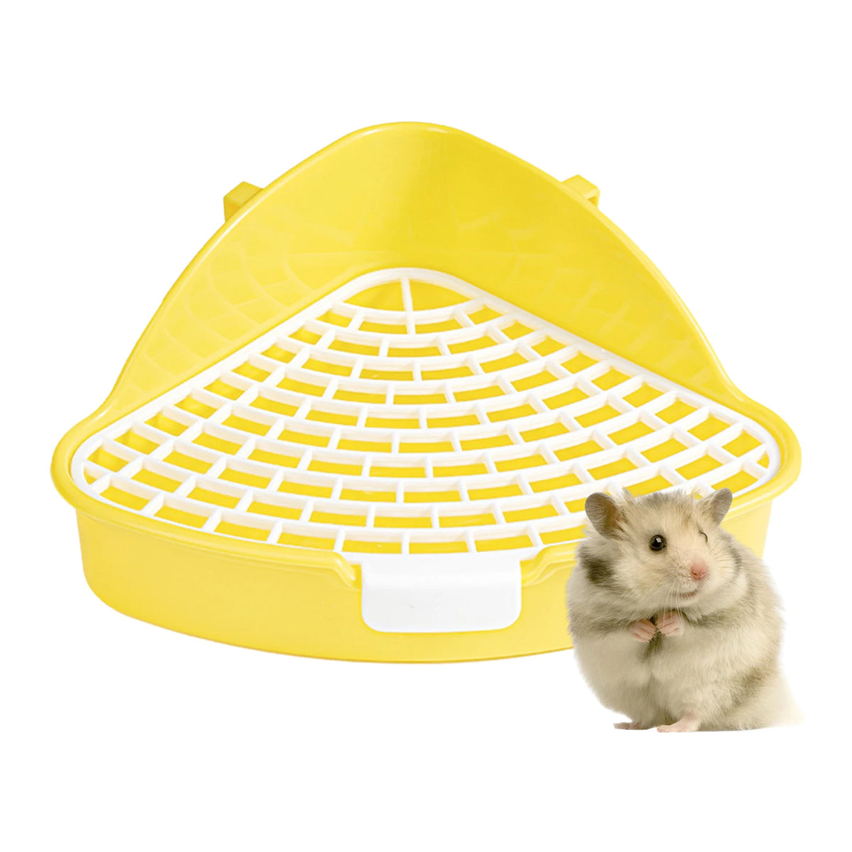 A yellow corner litter box with a white tray is shown next to a small, fluffy gray pet.