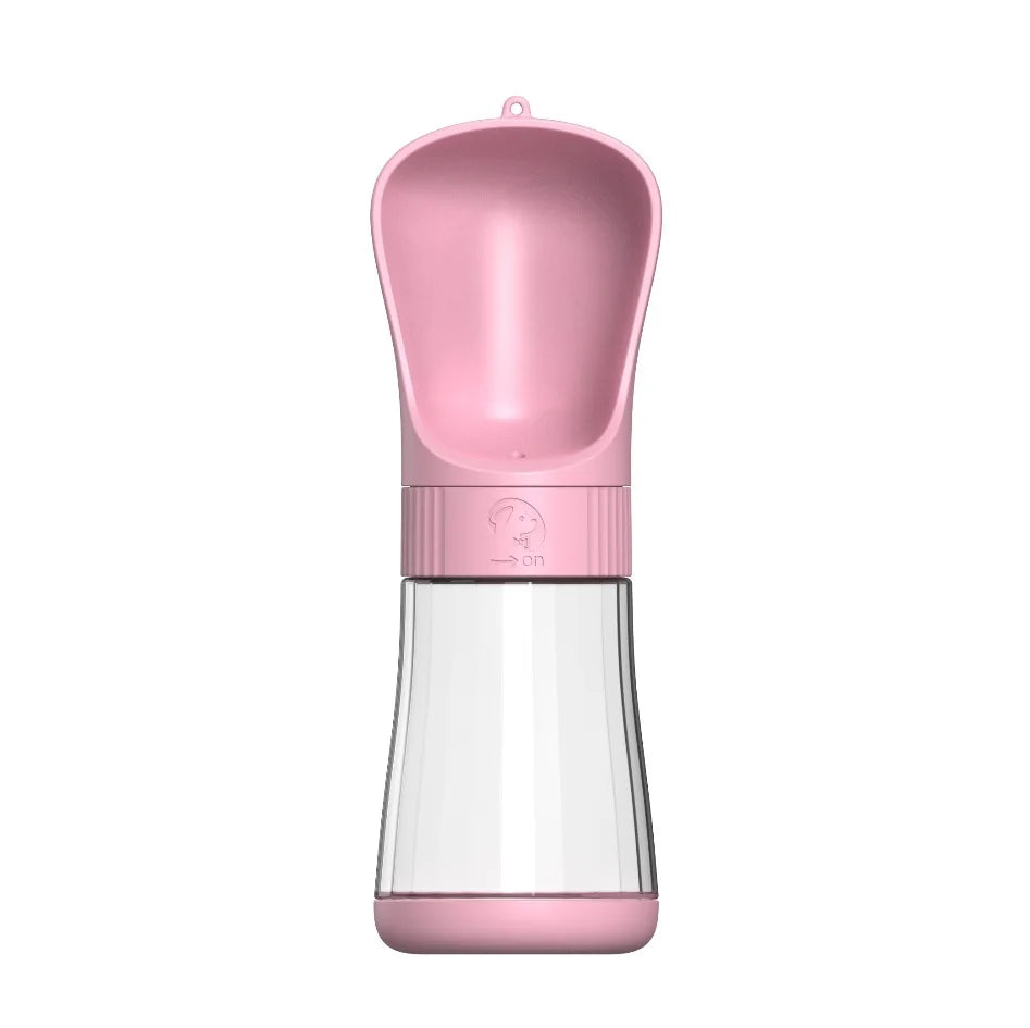 Pinke tragbare 2-in-1 Haustier-Wasserflasche mit Schale und klarem Wasserreservoir.