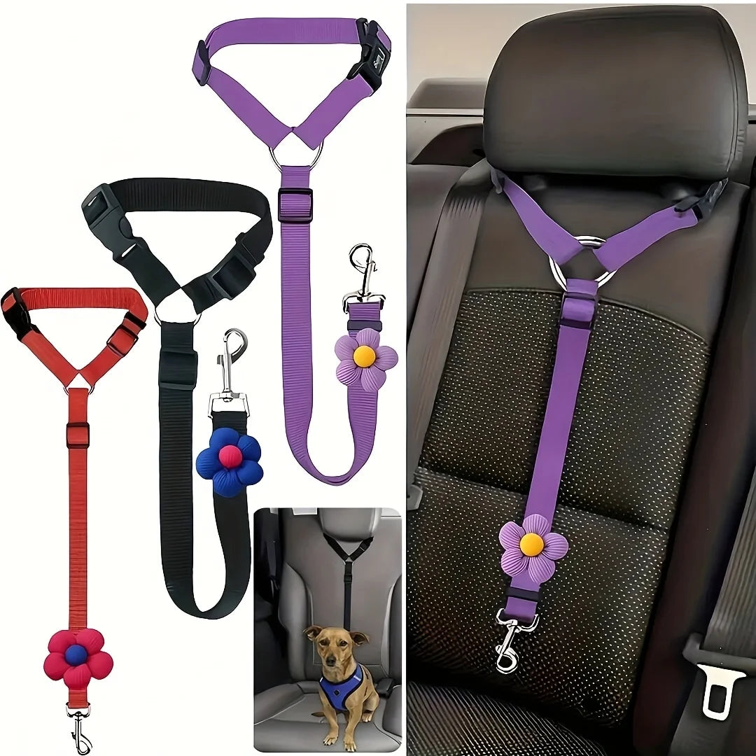 Purple and black durable pet car seat belt with flower accents shown in a vehicle seat context.