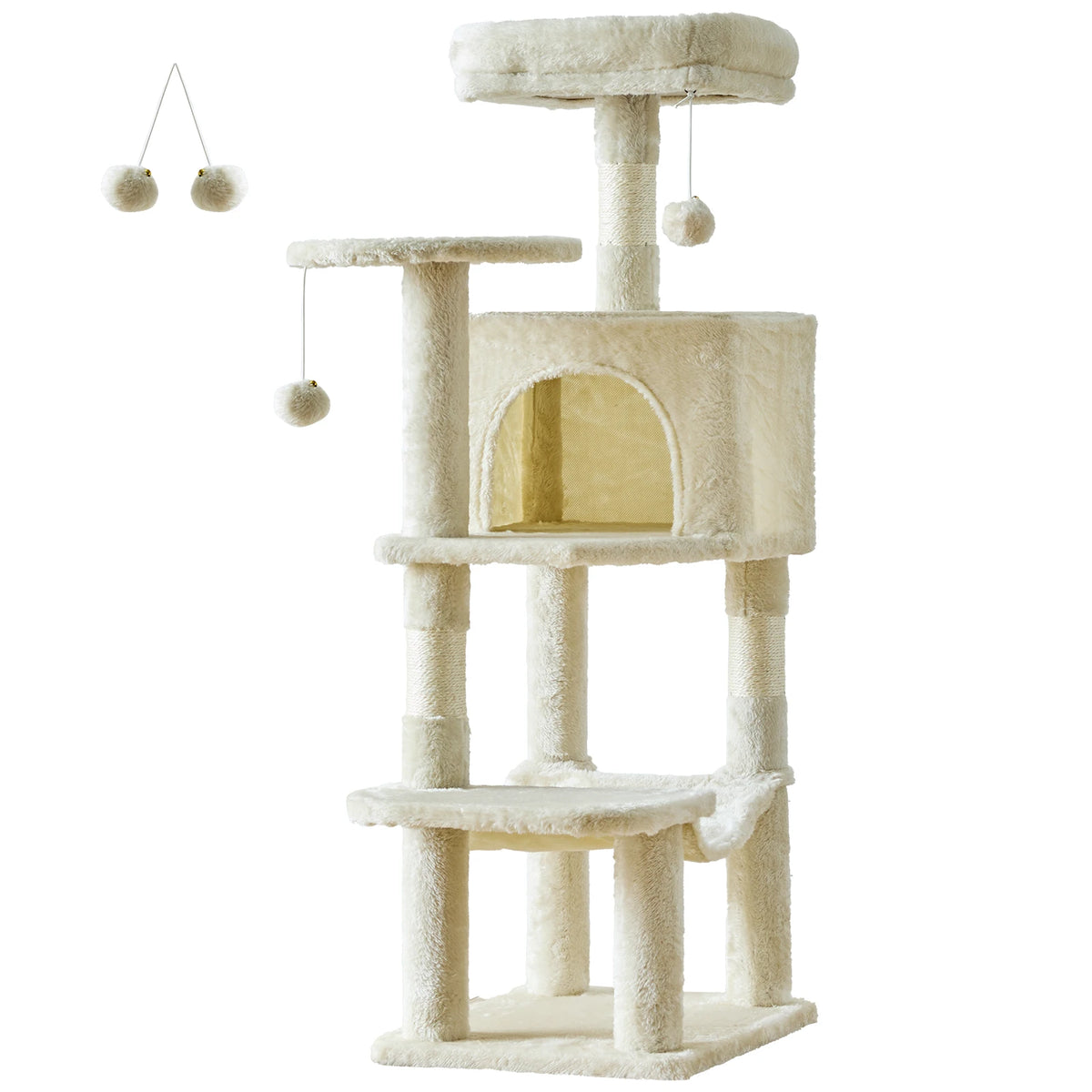 Tour d'escalade à plusieurs niveaux pour chat, faite de feutre ou de tissu beige clair avec une entrée arrondie.
