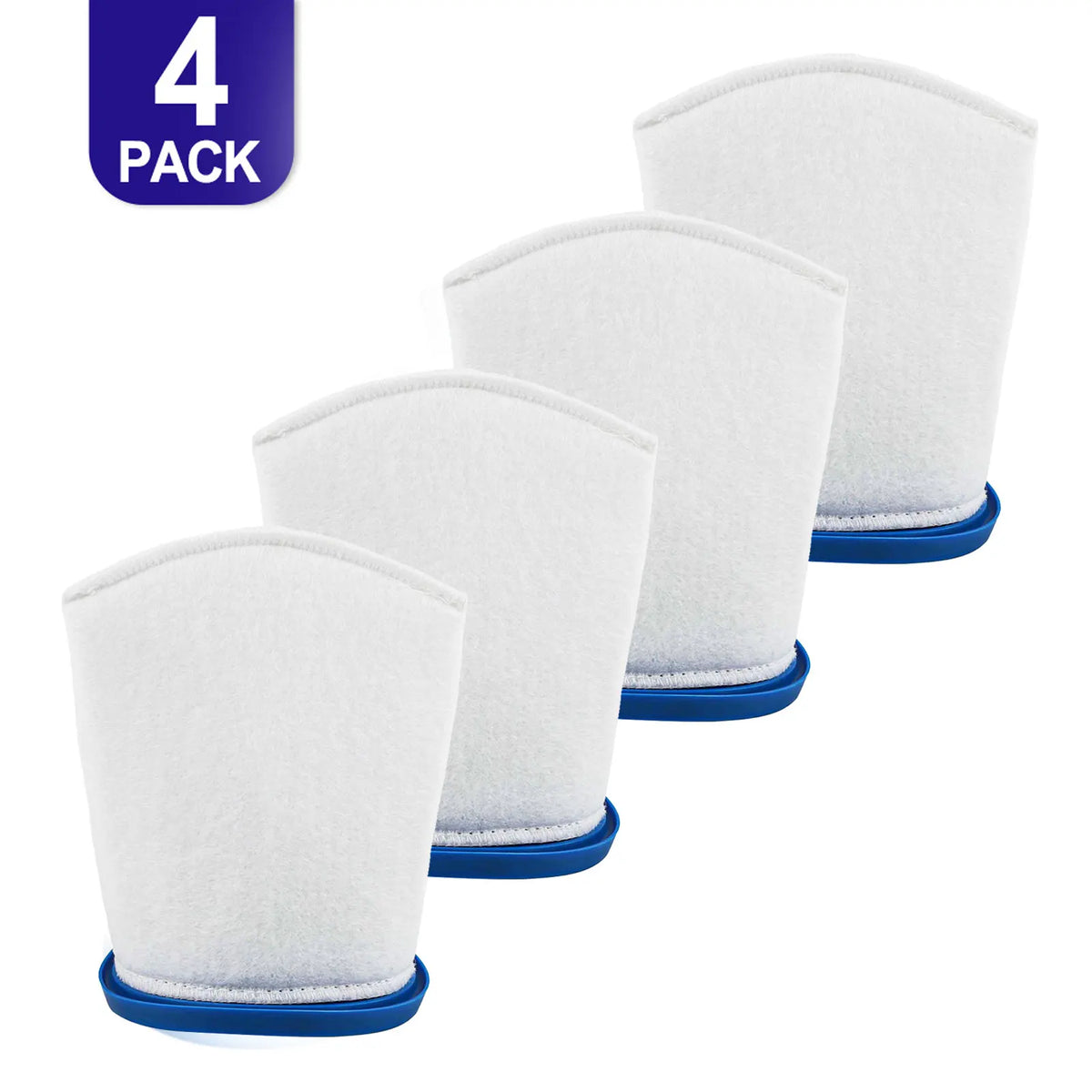 A pack of four white pool filter bags designed for sand and silt removal.