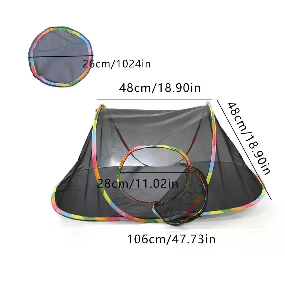 A black collapsible cat tunnel playhouse with colorful balls, shown in various shapes and sizes.