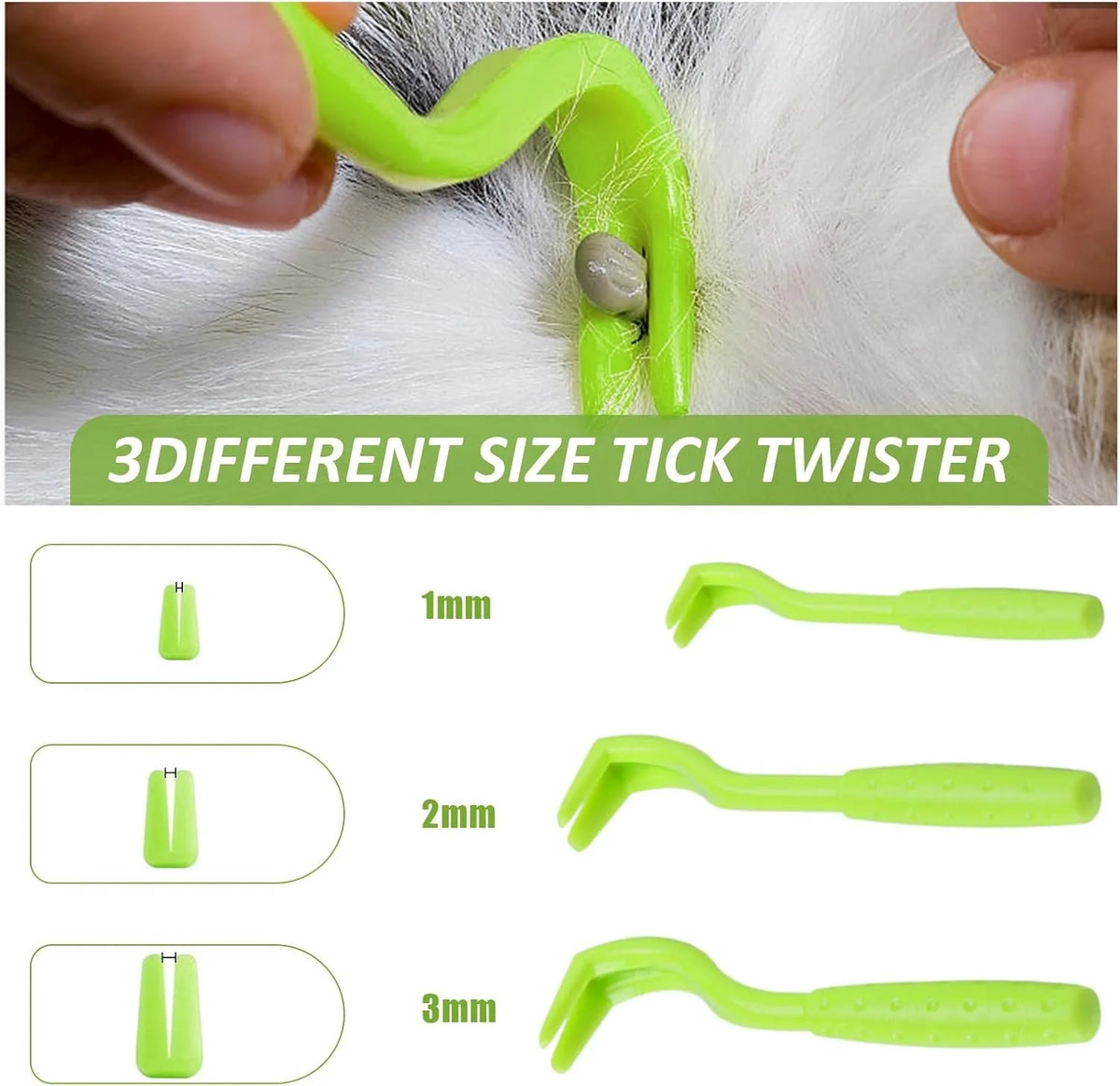 A set of three different size green tick twisters for pet flea and tick removal