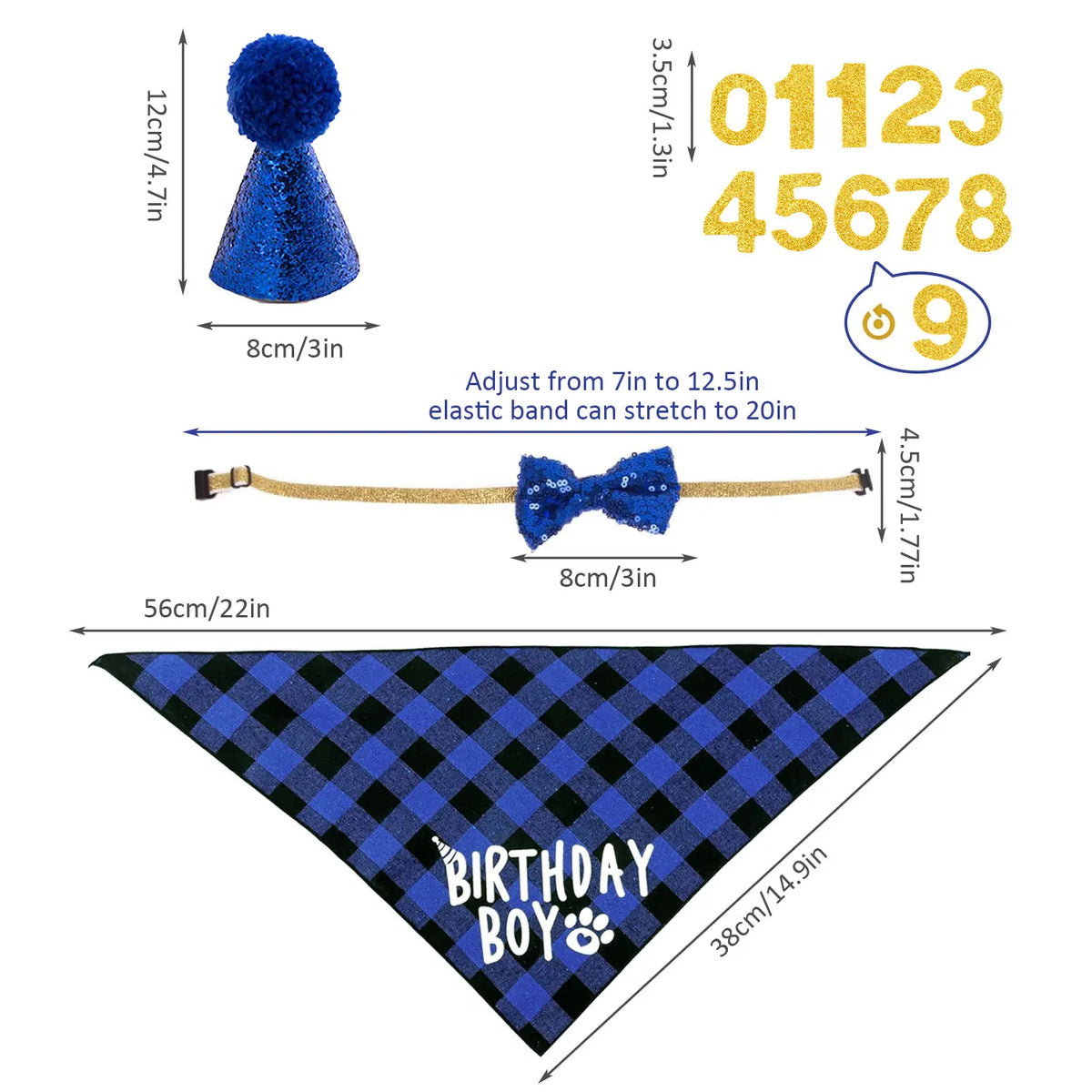 A set of blue and black plaid birthday party decor including a pom-pom, a bow tie, and a triangular banner.