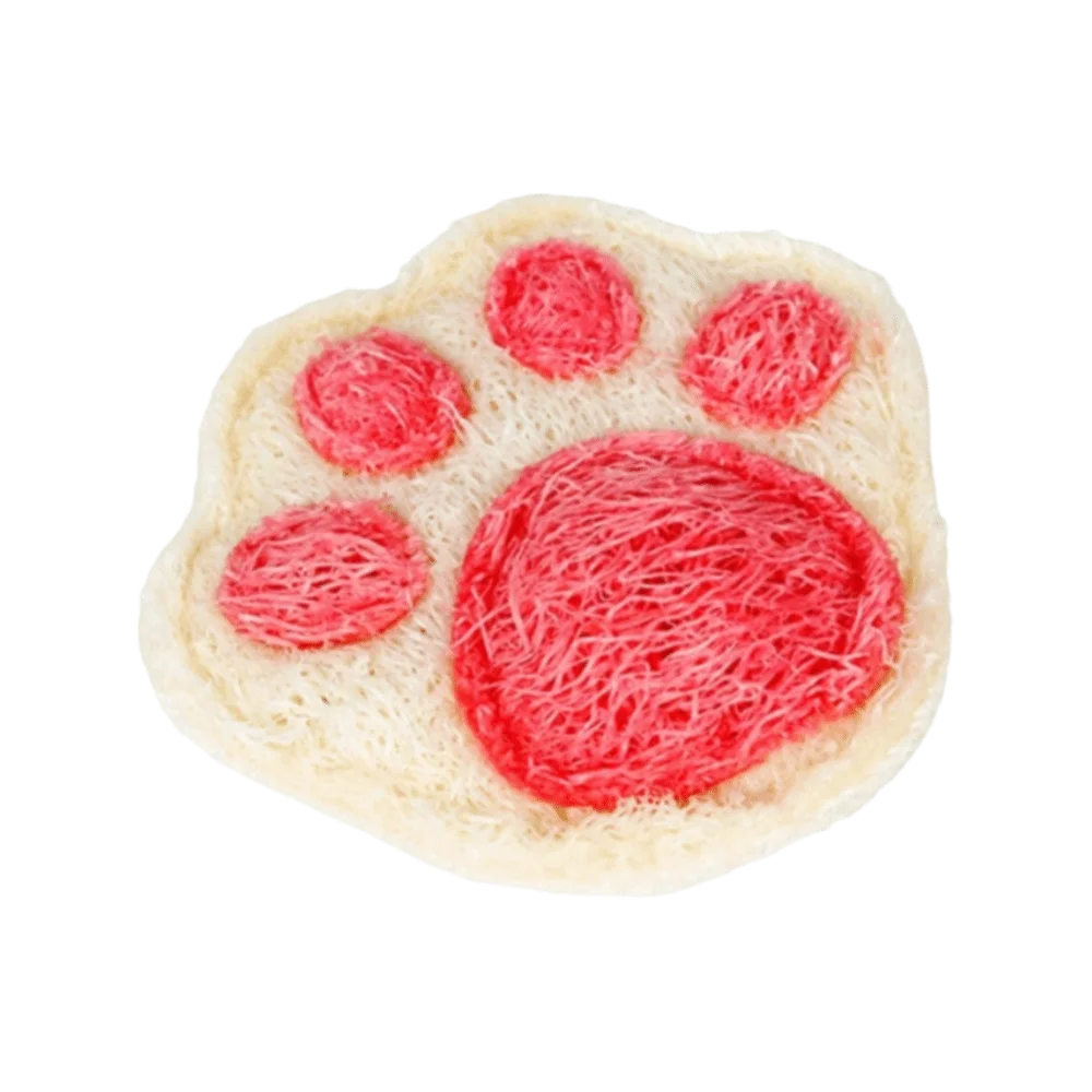 A natural loofah cat chew toy shaped like a paw print, pink and white.