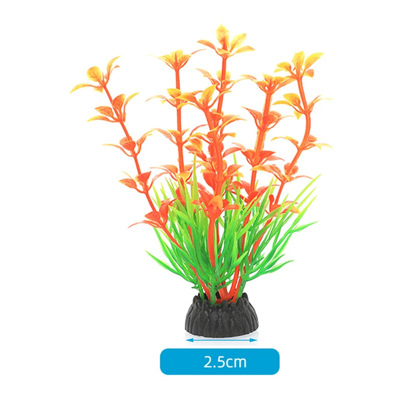 A vibrant arrangement of realistic aquarium plants featuring orange and yellow flowering stems emerging from green foliage.