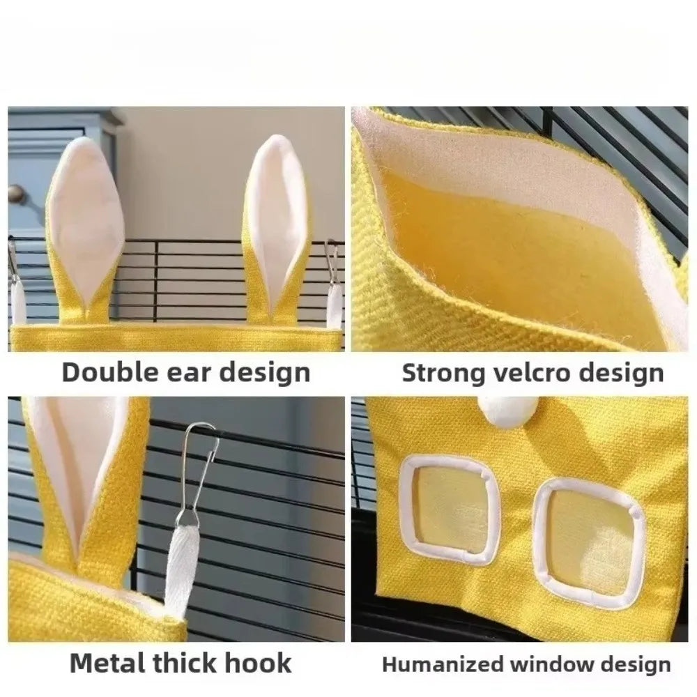 Yellow multi-hole hay feeder bag for small animals showing various design features like double ear and strong velcro