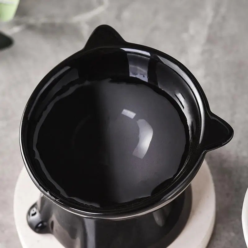 A black elevated slanted cat bowl with an anti-tip base sitting on a light surface.