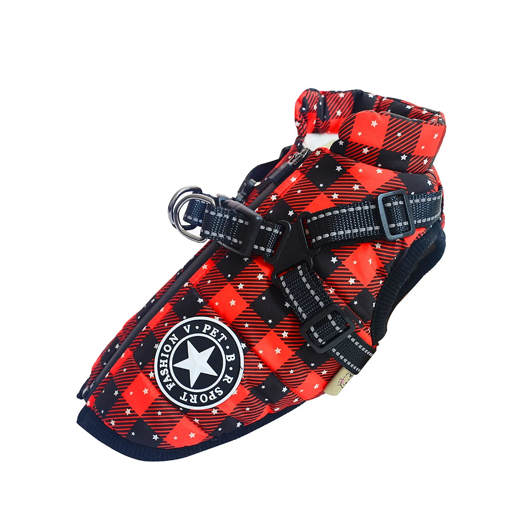 Abrigo impermeable para perro de invierno a cuadros rojos y negros con compatibilidad de arnés