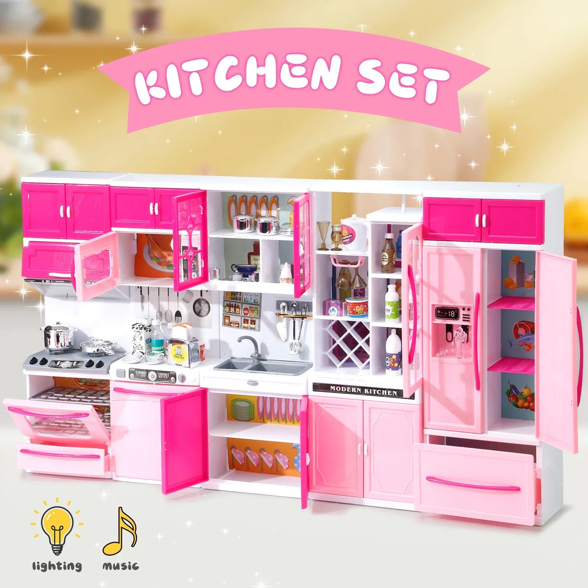 A pink and white 5-piece pretend play kitchen set with cabinets and appliances for children.