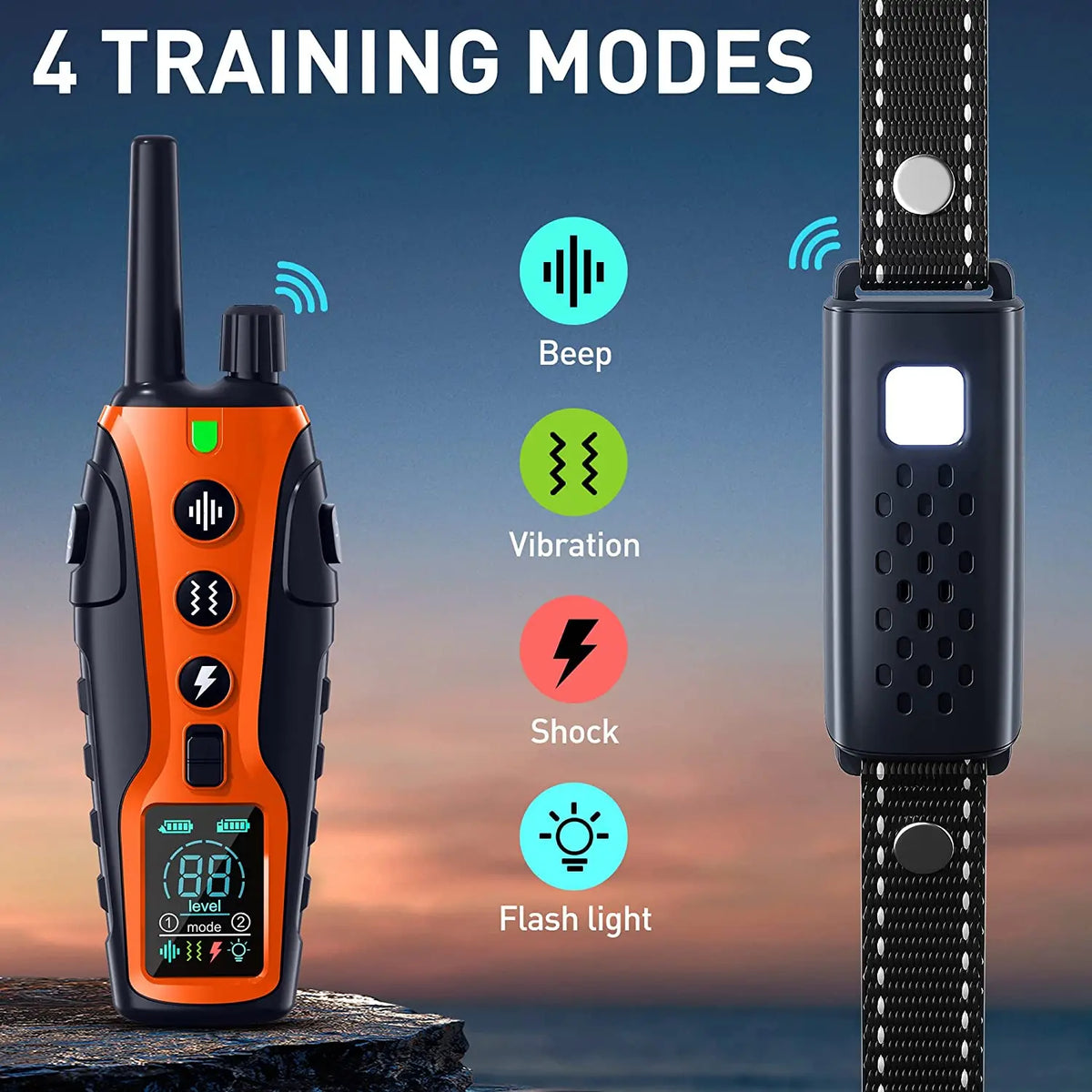 An orange remote dog training collar is shown with four training modes indicated: beep, vibration, shock, and flash light.