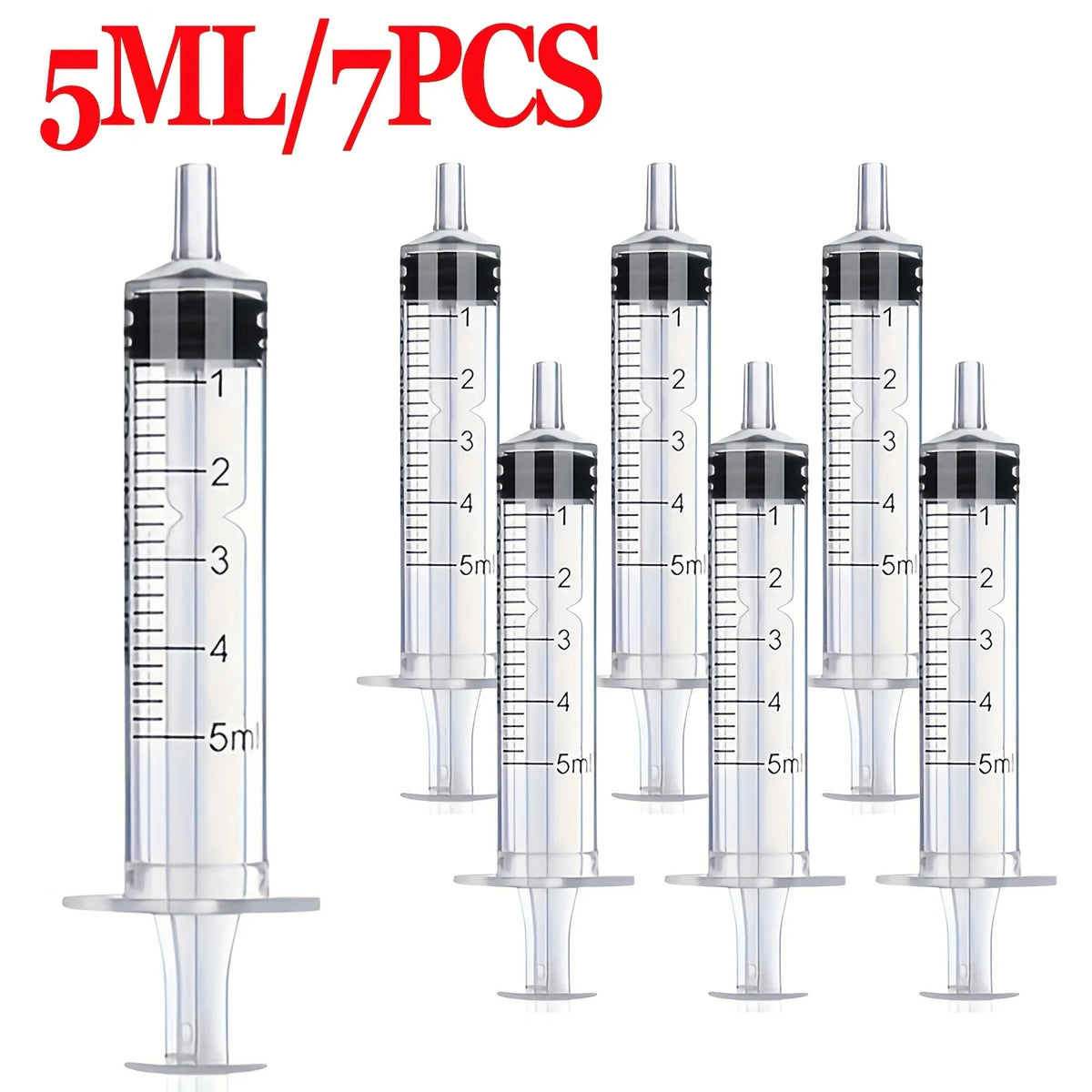 A set of seven 5ml liquid dispensing syringes with graduated markings and tips.