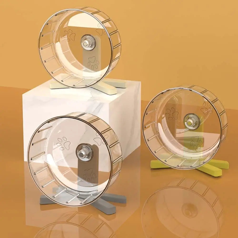 A transparent hamster exercise wheel with a clear plastic top and silver axle, displayed on a white surface.