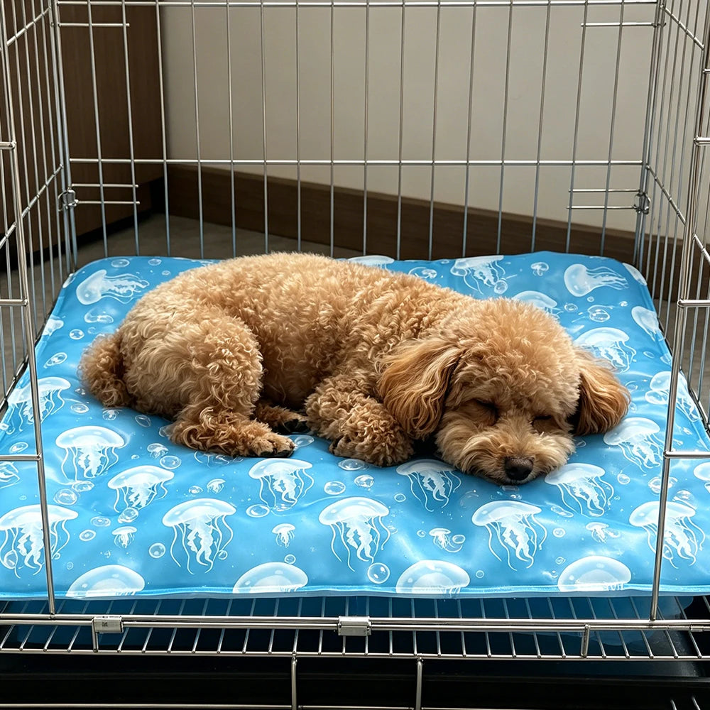 Ein flauschiger goldener Hund ruht auf einer blauen Kühlmatte in einem Draht-Haustiertransport.