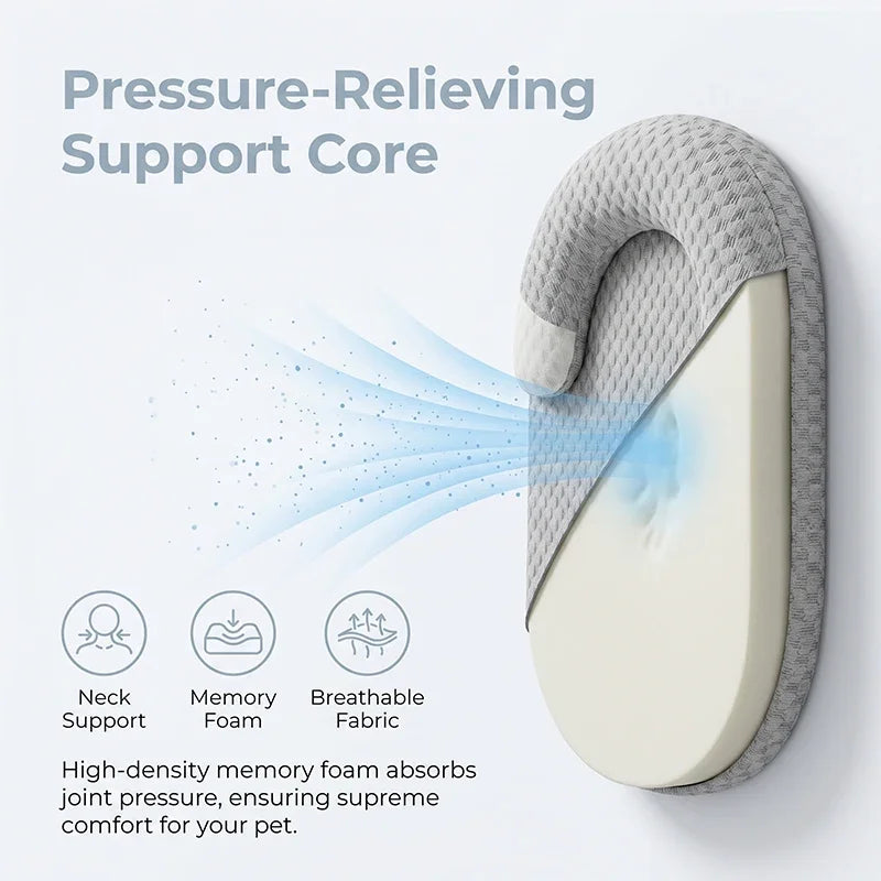 A gray pet mat featuring a pressure-relieving support core made of high-density memory foam for joint comfort.