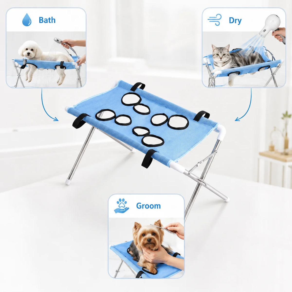 A foldable pet bath hammock stand is shown with separate attachments for bathing, drying, and grooming pets.