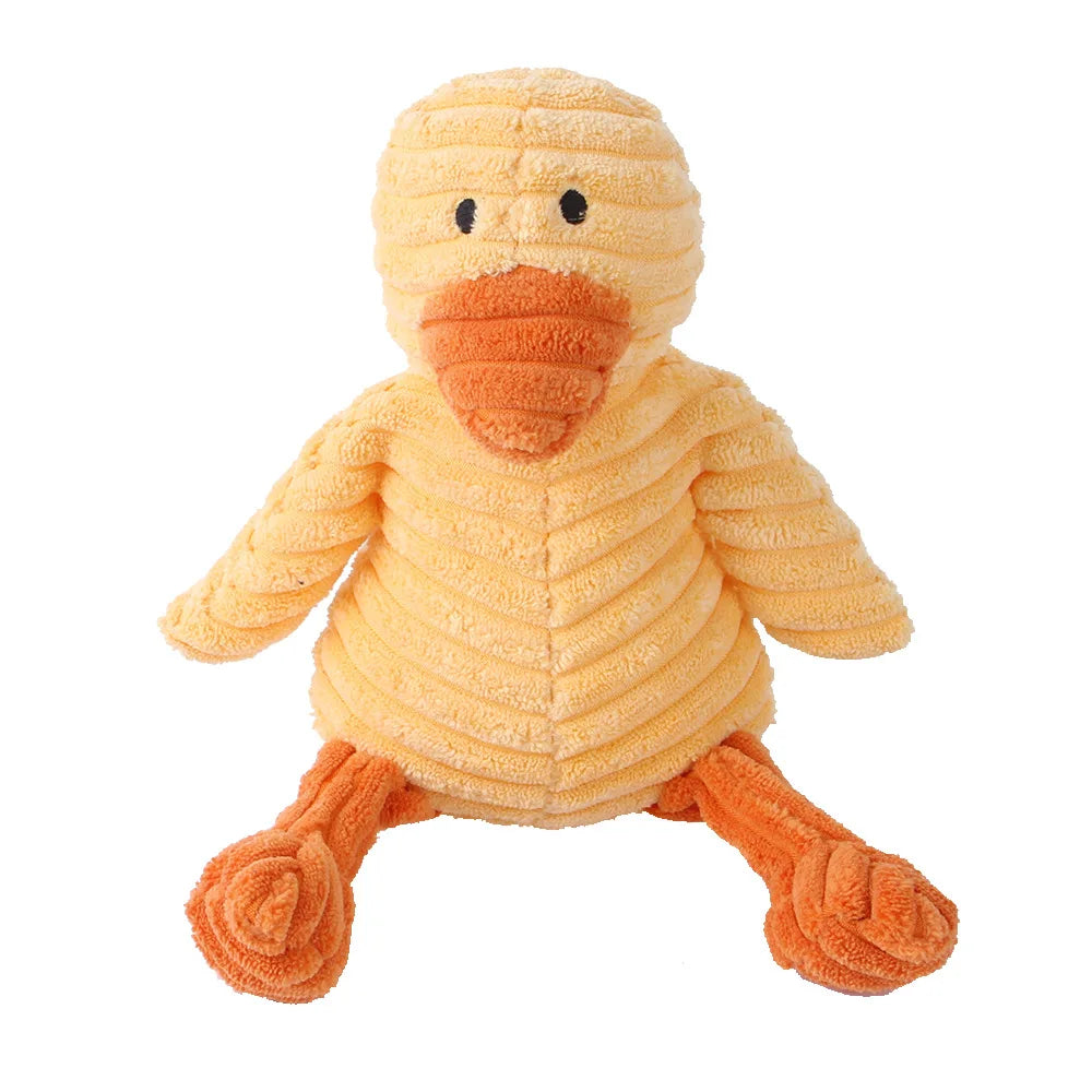 A yellow, animal-shaped squeaky dog toy with a corduroy cover.