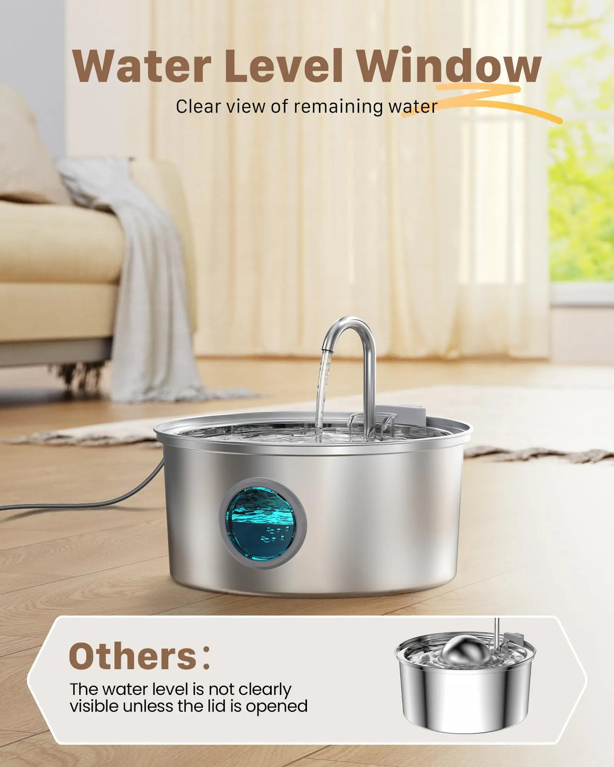 Stainless steel water level window pet water fountain with a clear view of remaining water