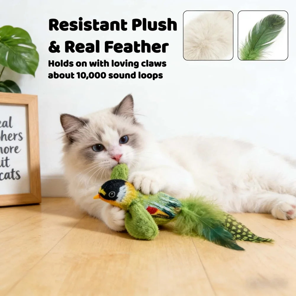 A white cat is interacting with a green feather toy that resembles a bird, demonstrating the product's sound loops.