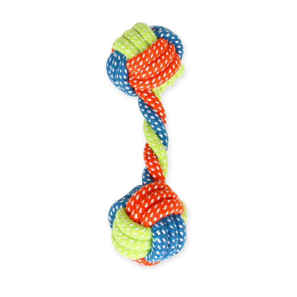 A colorful braided cotton rope dog toy featuring blue, red, and green strands.