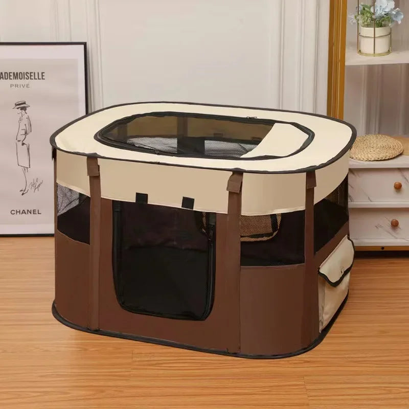A folding cozy cat tent bed with a plush mat in brown and beige tones.