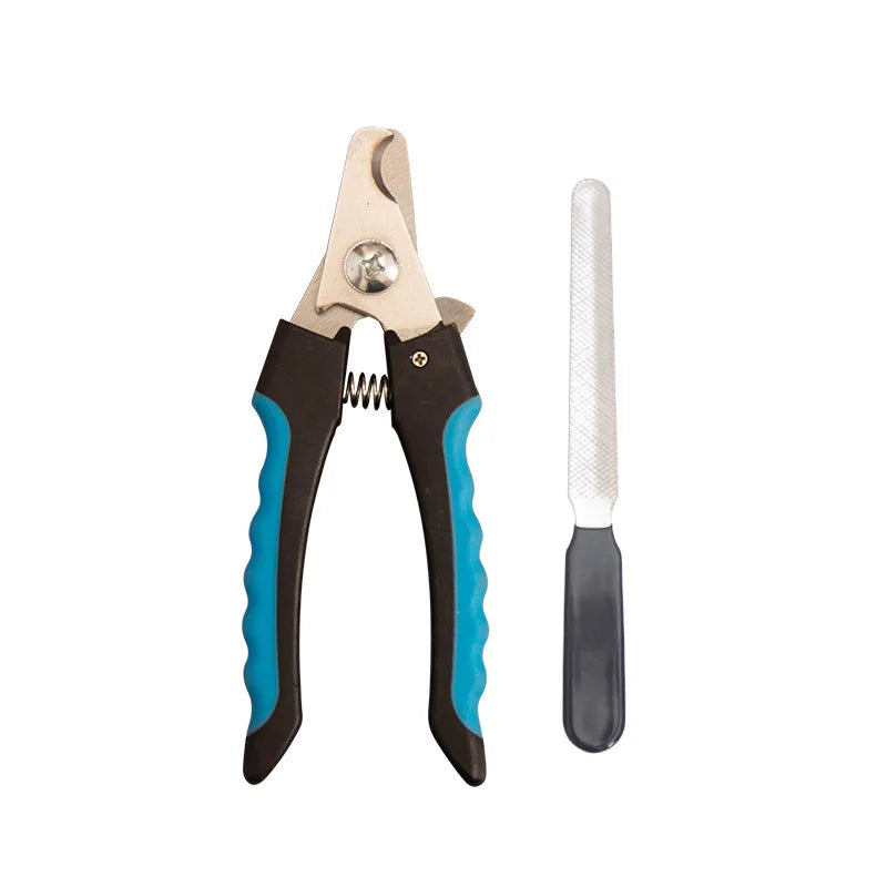 Stainless steel pet nail clippers with a silver handle and black body and a white blade.